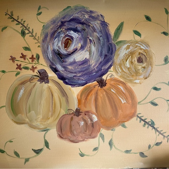 Handmade Other - Floral and Pumpkin Canvas Painting